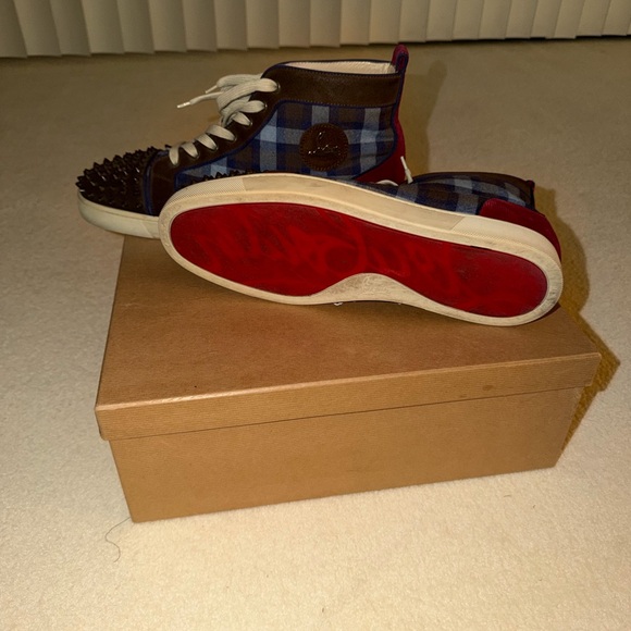 Christian Louboutin Blue and Brown Plaid Sneakers - Picture 4 of 5